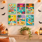 Painting a Skeleton Beach Holiday mini canvas propped up beside numbered acrylic paints