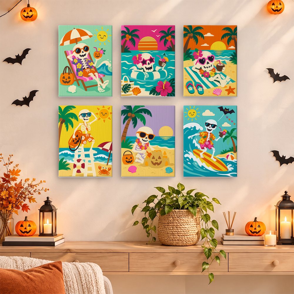 Painting a Skeleton Beach Holiday mini canvas propped up beside numbered acrylic paints