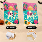Six finished Skeleton Beach Holiday mini paintings hung on a wall above a table