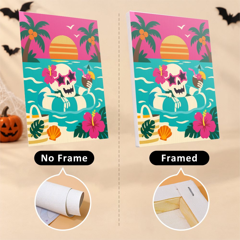 Six finished Skeleton Beach Holiday mini paintings hung on a wall above a table