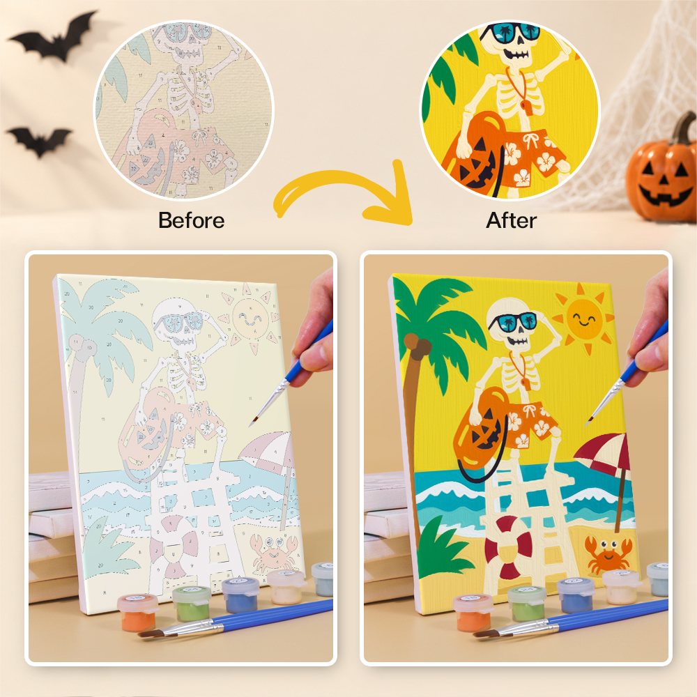 What's included without a frame: six rolled Skeleton Beach Holiday mini canvases, acrylic paints, three brushes and layout
