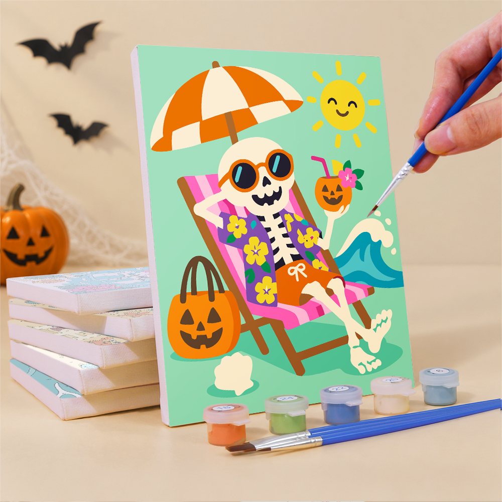 What's included pre-stretched on frame: six framed Skeleton Beach Holiday mini canvases, paints, three brushes, hangers and layout
