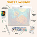 What's included in the Skeleton’s Bouquet paint by numbers kit: numbered linen canvas, reference sheet, color guide, 24 acrylic paints, 3 brushes and thank you card