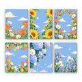 Sky Garden mini paint by numbers set: six flower fields of poppies, sunflowers, tulips, hydrangeas and irises under blue skies