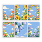 Sky Garden mini paint by numbers set: six flower fields of poppies, sunflowers, tulips, hydrangeas and irises under blue skies