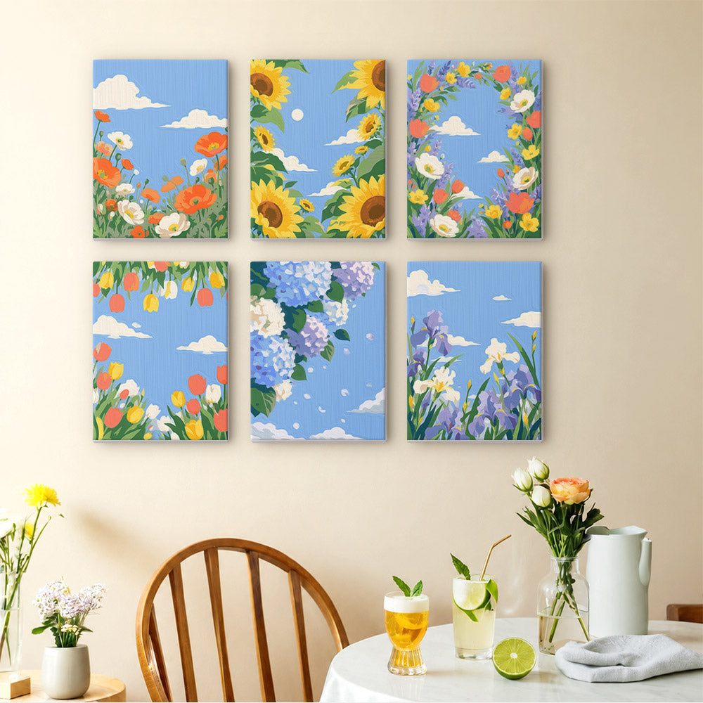 Sky Garden mini paintings displayed as a gallery wall in a sunny kitchen