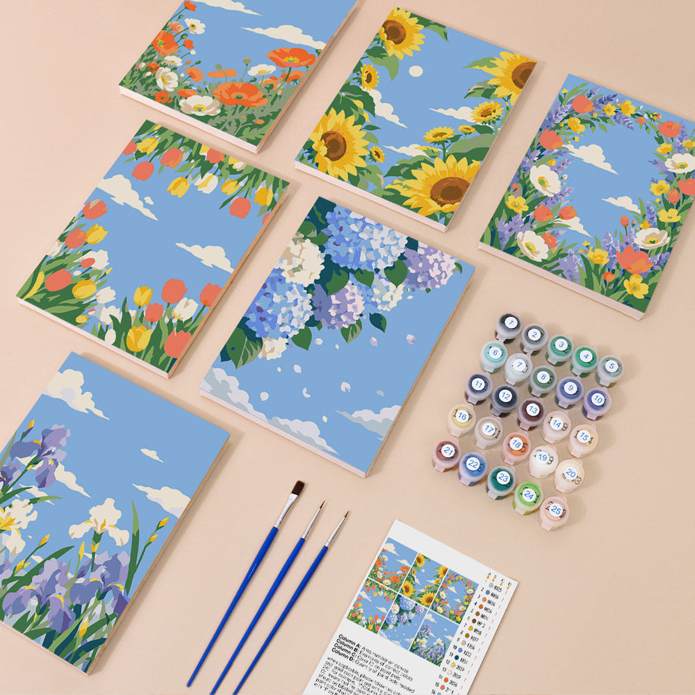Sky Garden mini paint by numbers kit with six numbered canvases, acrylic paints, brushes and layout