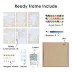 What's included pre-stretched on frame: six framed Sky Garden mini canvases, paints, three brushes, hangers and layout