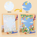 Before and after of a Sky Garden mini paint by numbers canvas