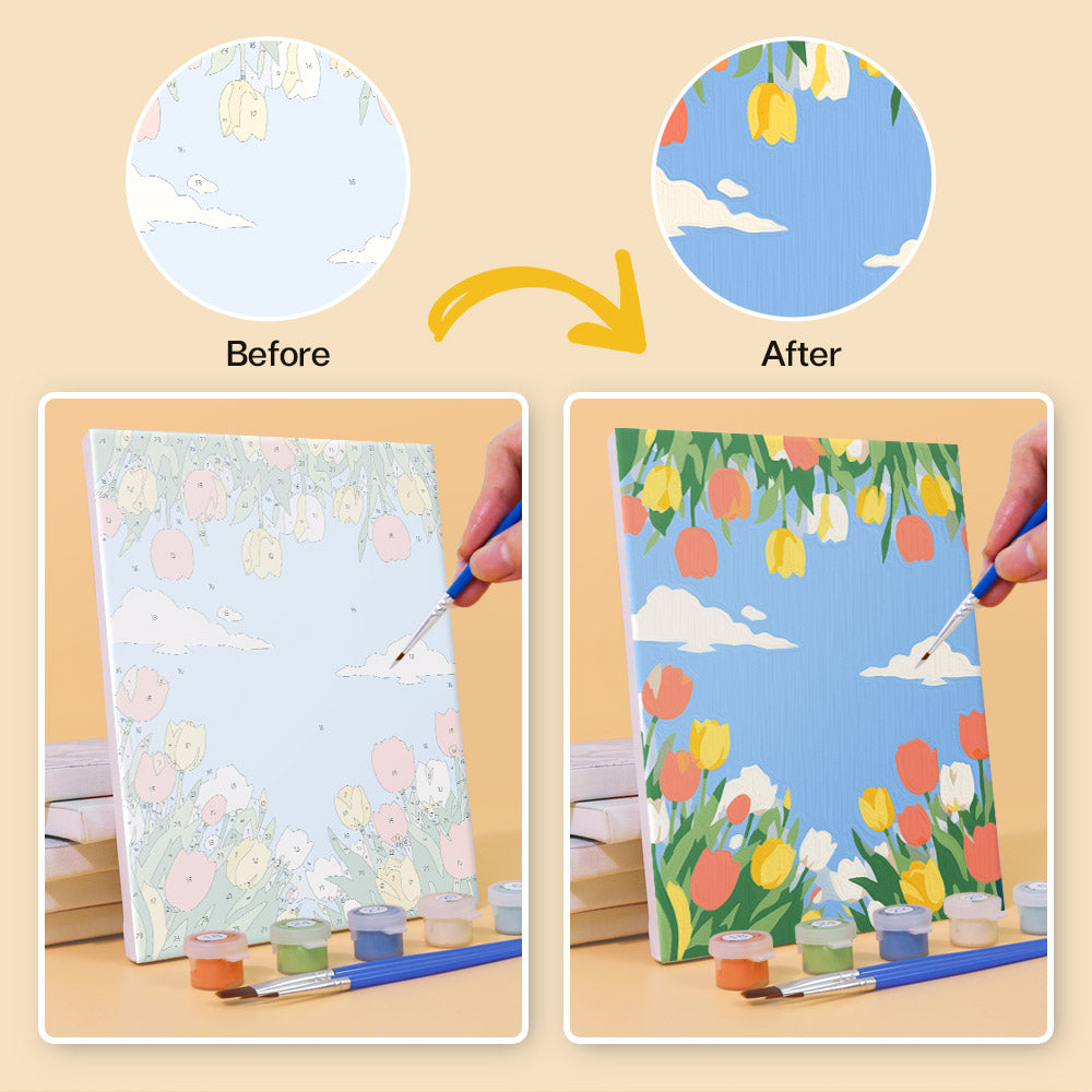 Before and after of a Sky Garden mini paint by numbers canvas