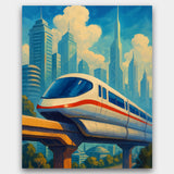 Futuristic train in a cityscape with tall buildings and blue sky.