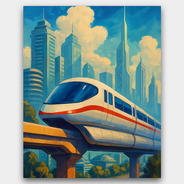 Futuristic train in a cityscape with tall buildings and blue sky.
