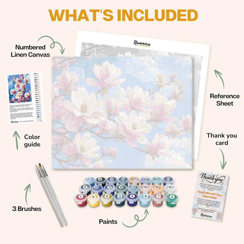 What's included in the Skyward Magnolia Symphony paint by numbers kit: numbered linen canvas, reference sheet, color guide, 24 acrylic paints, 3 brushes and thank you card