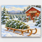 Sled and Fresh-Cut Fir paint by numbers kit of a wooden sled carrying a cut fir tree past snowy rows of trees and a red barn
