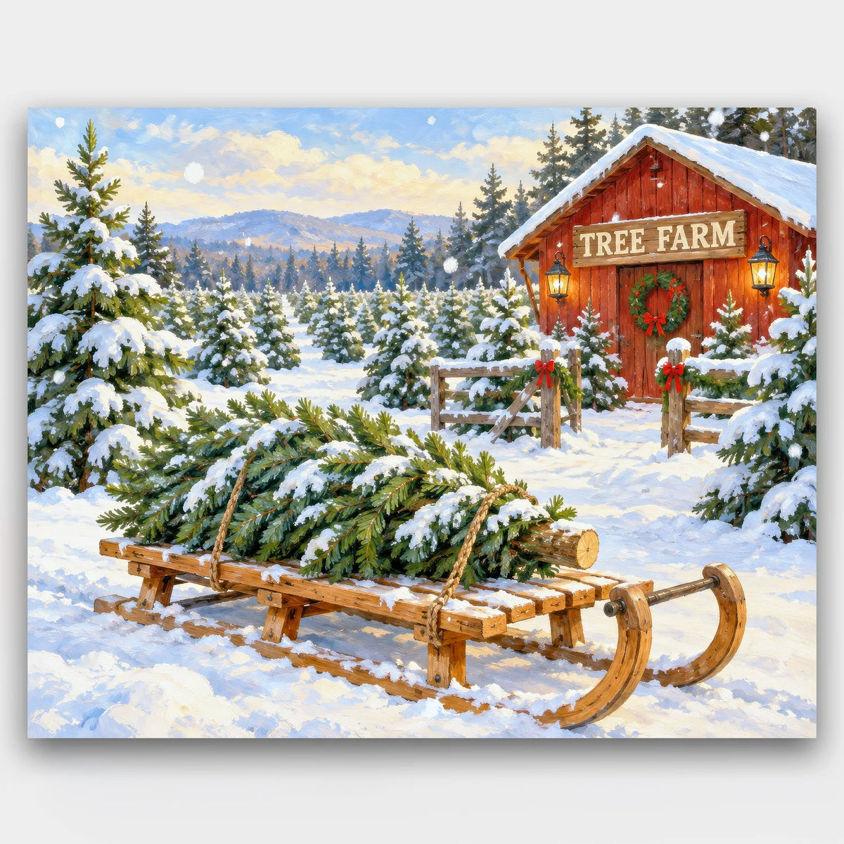 Sled and Fresh-Cut Fir paint by numbers kit of a wooden sled carrying a cut fir tree past snowy rows of trees and a red barn