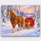 Sleigh Ride at Dusk paint by numbers kit of a chestnut horse pulling a red sleigh with a lantern through a snowy birch forest