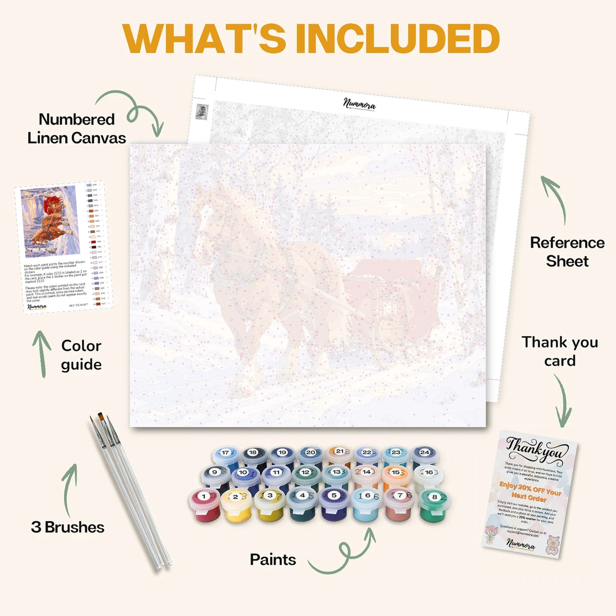 What's included in the Sleigh Ride at Dusk paint by numbers kit: numbered linen canvas, reference sheet, color guide, 24 acrylic paints, 3 brushes and thank you card
