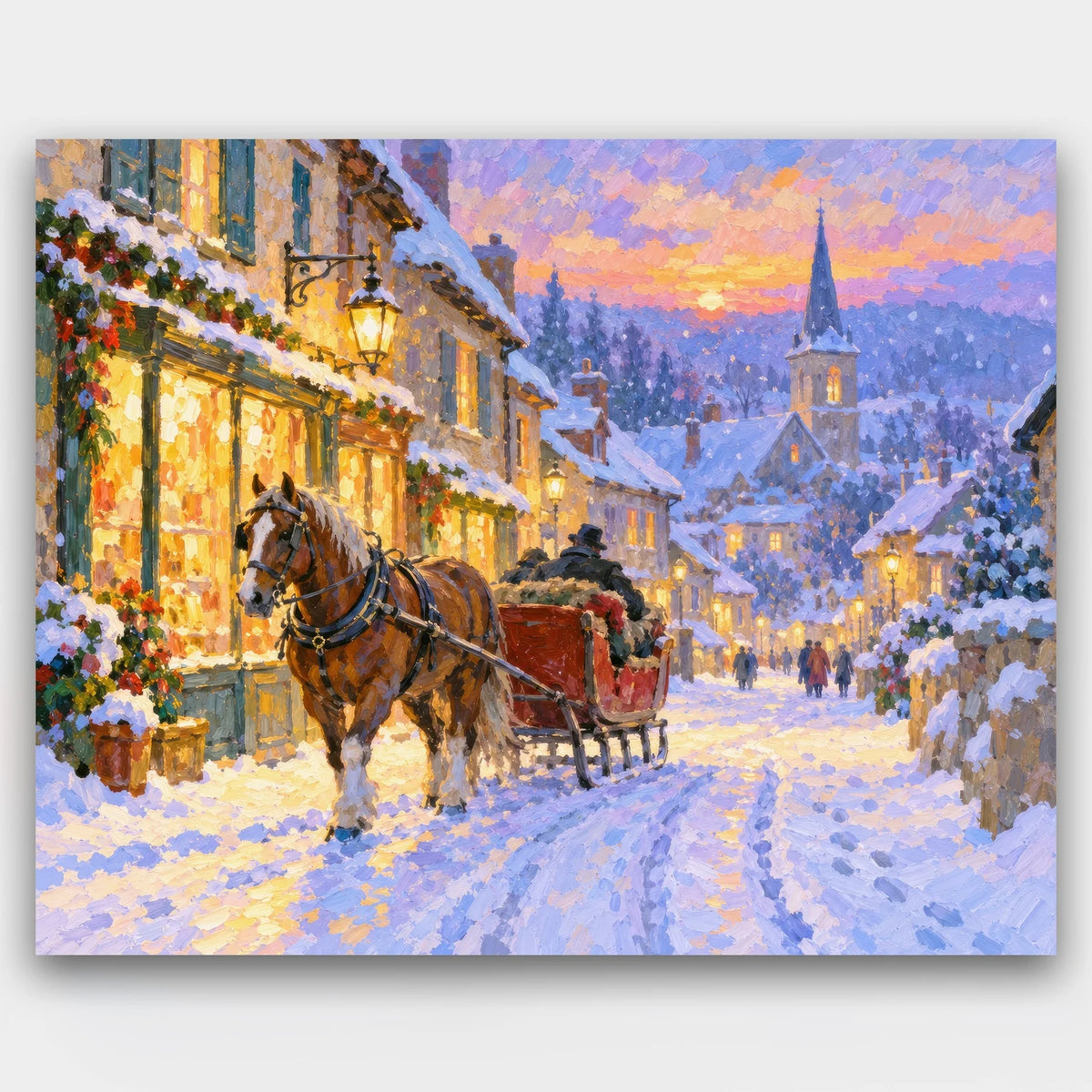 Sleigh Through the Village paint by numbers kit of a horse-drawn sleigh in a snowy village street lit by shop windows and lamps at dusk