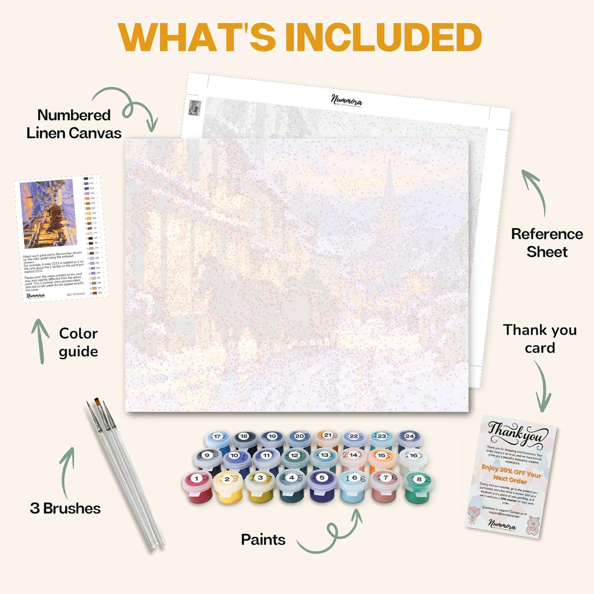 What's included in the Sleigh Through the Village paint by numbers kit: numbered linen canvas, reference sheet, color guide, 24 acrylic paints, 3 brushes and thank you card