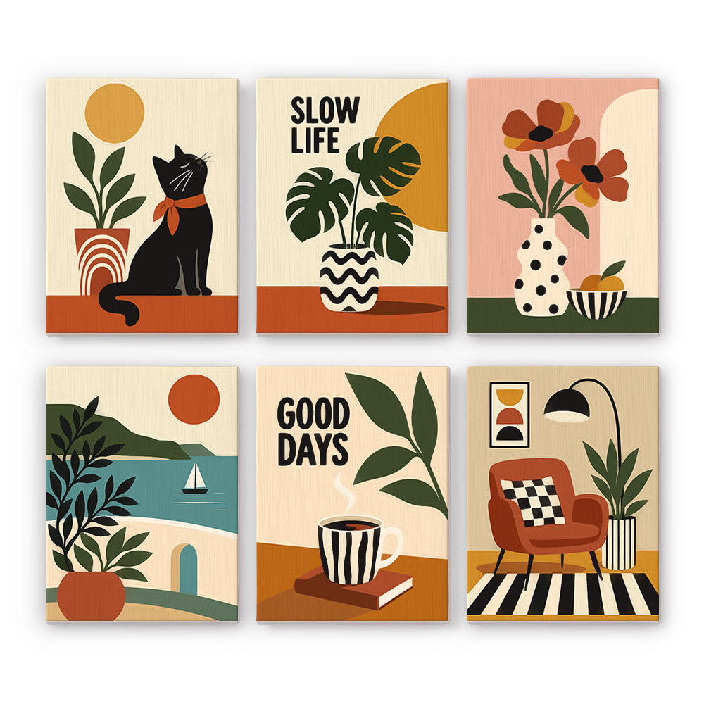 Slow Life mini paint by numbers set: six designs of a black cat, monstera, poppies, seaside view, coffee and armchair
