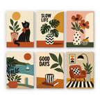 Slow Life mini paint by numbers set: six designs of a black cat, monstera, poppies, seaside view, coffee and armchair