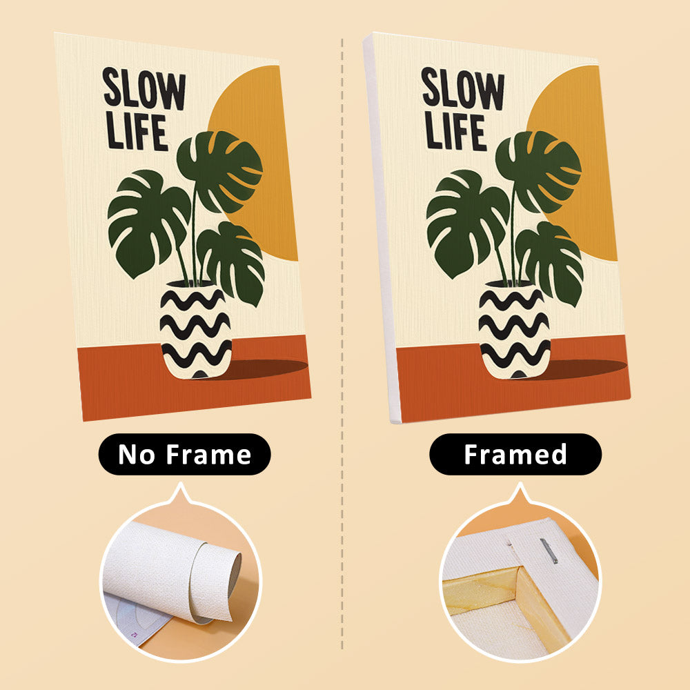 Slow Life mini canvas shown rolled without a frame and pre-stretched on a frame