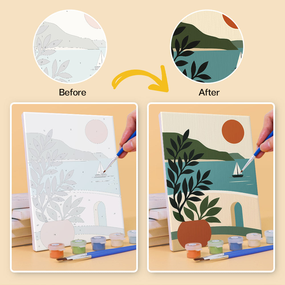 Before and after of a Slow Life mini paint by numbers canvas