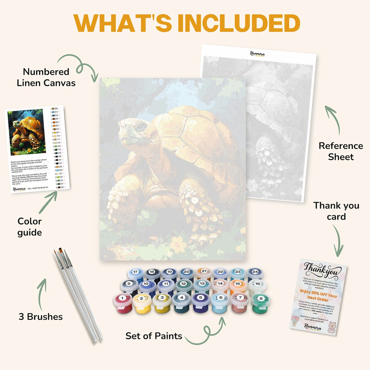 What's included in the Slow & Steady paint by numbers kit: numbered linen canvas, reference sheet, color guide, 24 acrylic paints, 3 brushes and thank you card