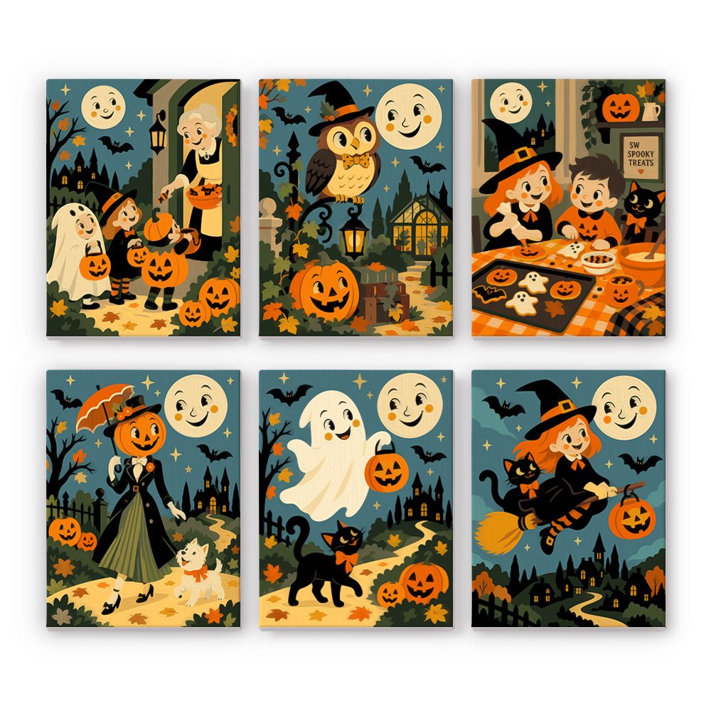 Smiling Moon Tales mini paint by numbers set: six vintage storybook Halloween scenes under smiling moons with trick-or-treaters, an owl, a ghost and a flying witch