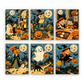 Smiling Moon Tales mini paint by numbers set: six vintage storybook Halloween scenes under smiling moons with trick-or-treaters, an owl, a ghost and a flying witch