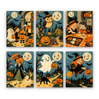 Smiling Moon Tales mini paint by numbers set: six vintage storybook Halloween scenes under smiling moons with trick-or-treaters, an owl, a ghost and a flying witch