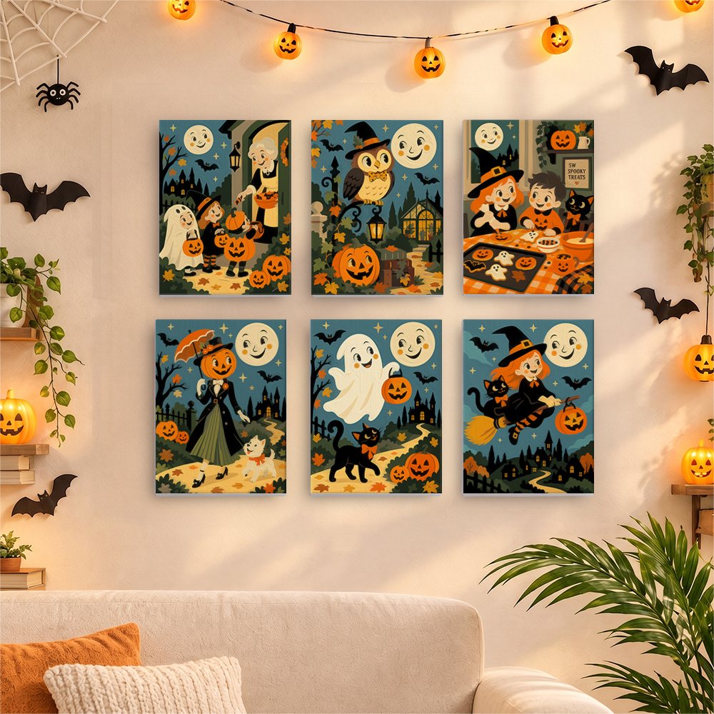 Six finished Smiling Moon Tales mini paintings hung on a wall above a table