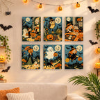 Six finished Smiling Moon Tales mini paintings hung on a wall above a table