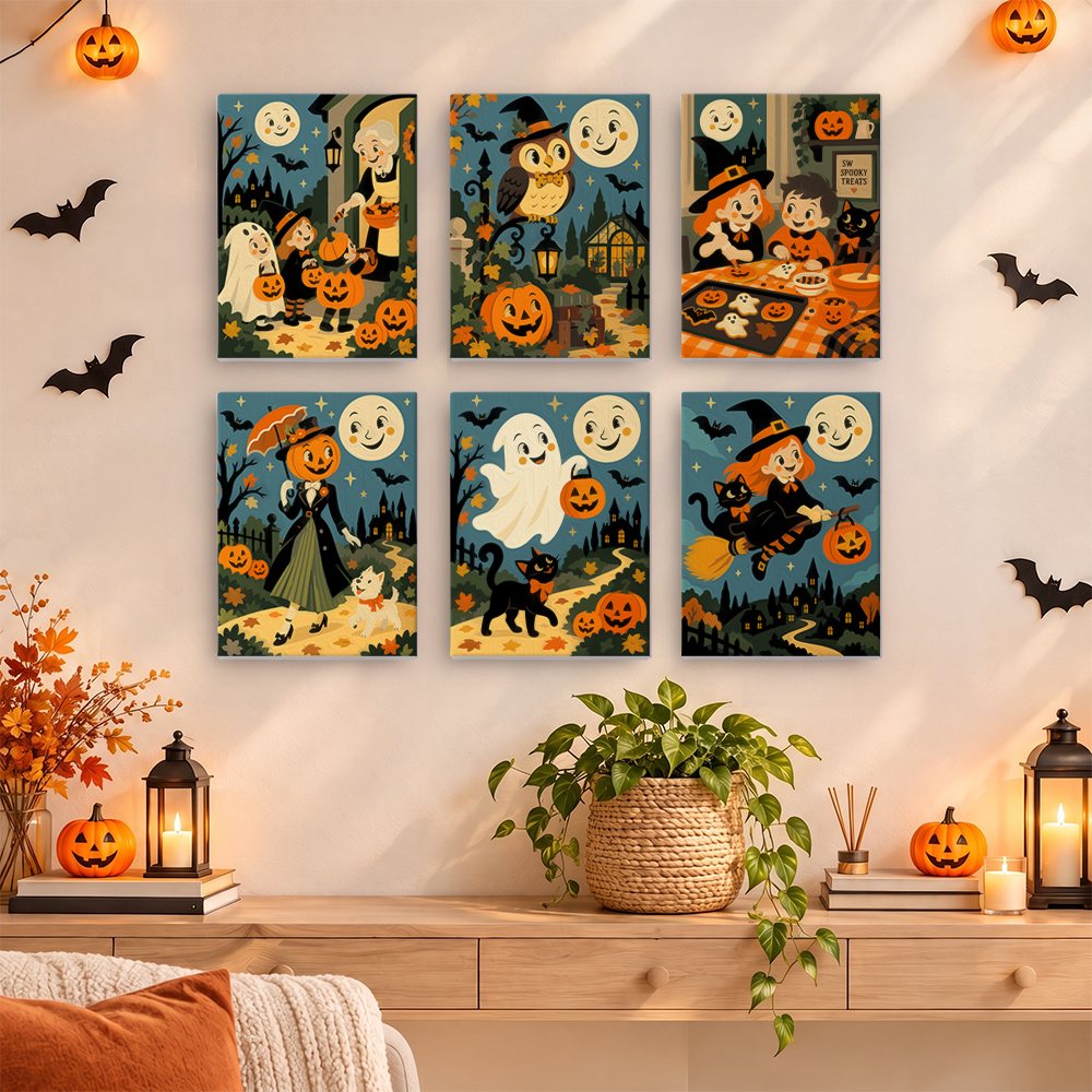Smiling Moon Tales mini paintings displayed as a gallery wall in a sunny kitchen