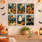 Smiling Moon Tales mini paintings displayed as a gallery wall in a sunny kitchen