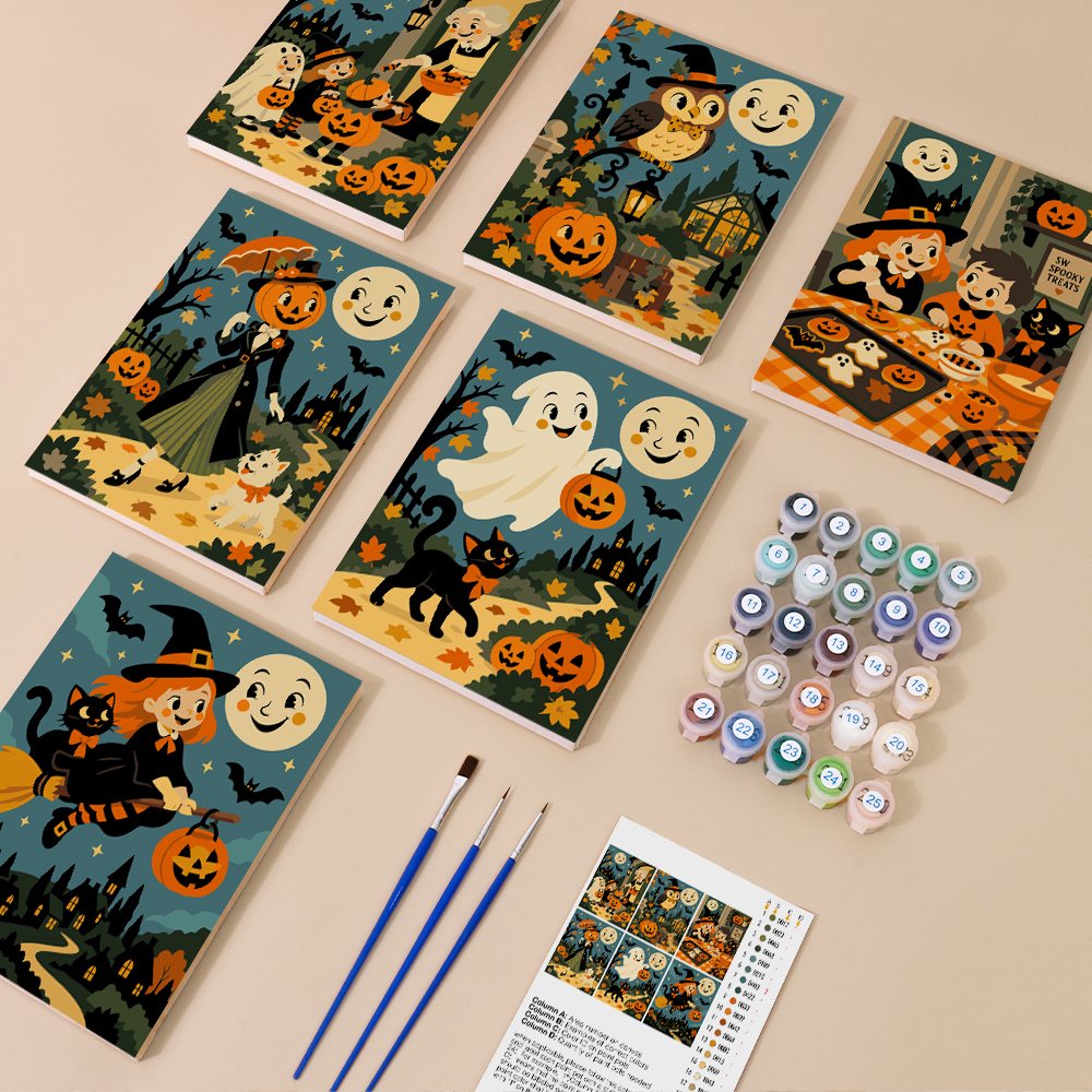 Smiling Moon Tales mini paint by numbers kit with six numbered canvases, acrylic paints, brushes and layout