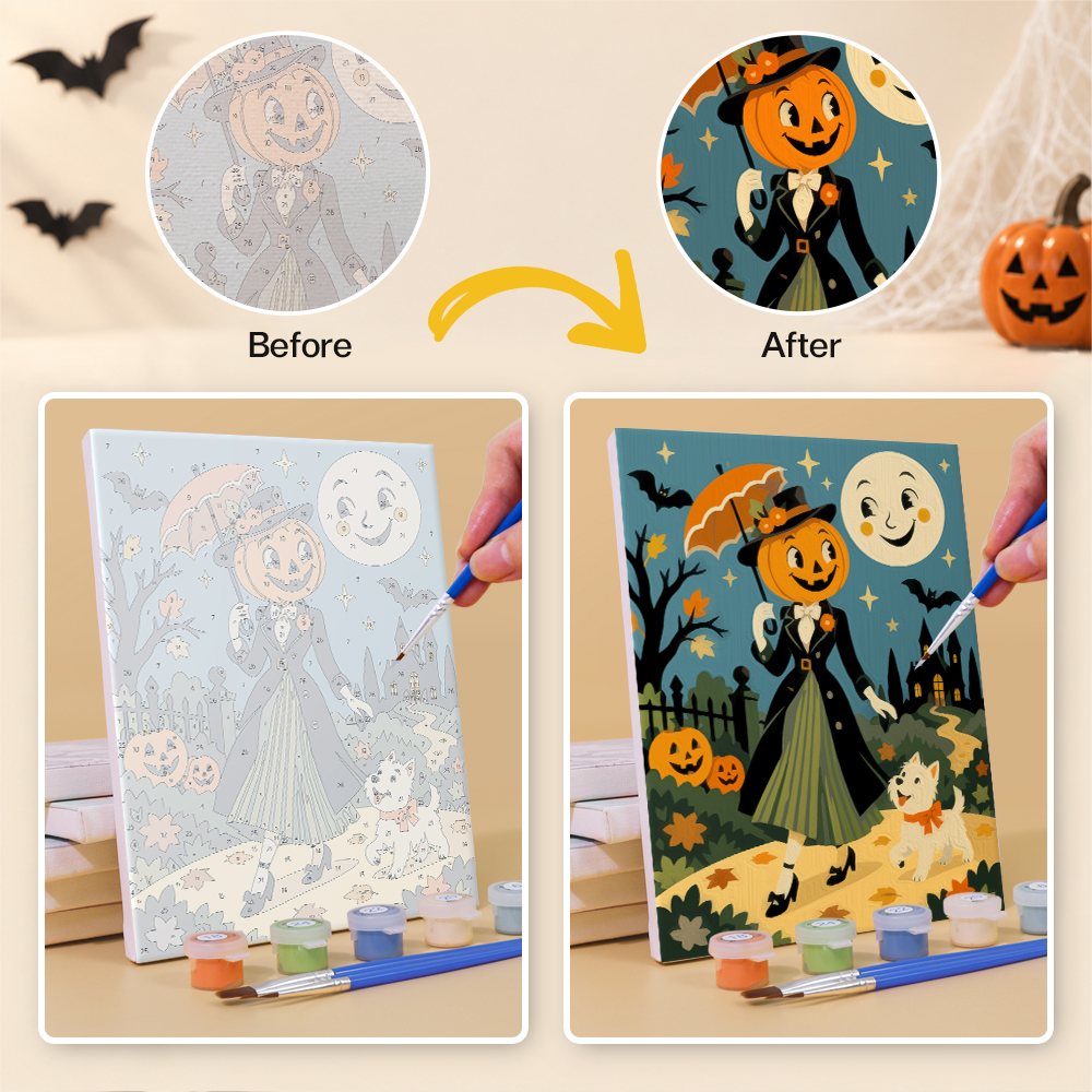 Before and after of a Smiling Moon Tales mini paint by numbers canvas