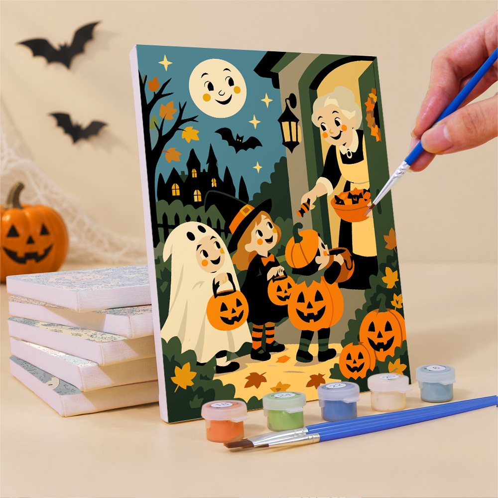 Painting a Smiling Moon Tales mini canvas propped up beside numbered acrylic paints