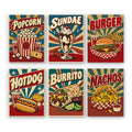 Snack Bar Classics mini paint by numbers set: six retro food posters of popcorn, a sundae, burger, hot dog, burrito and nachos