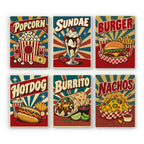 Snack Bar Classics mini paint by numbers set: six retro food posters of popcorn, a sundae, burger, hot dog, burrito and nachos