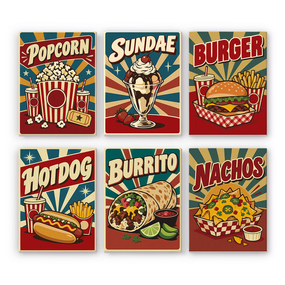 Snack Bar Classics mini paint by numbers set: six retro food posters of popcorn, a sundae, burger, hot dog, burrito and nachos