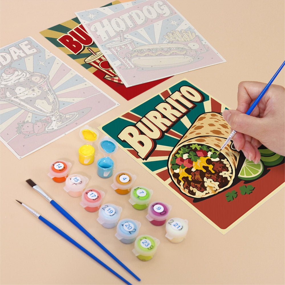 Filling in a Snack Bar Classics mini canvas with numbered acrylic paints and a fine brush