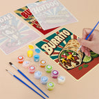 Filling in a Snack Bar Classics mini canvas with numbered acrylic paints and a fine brush