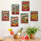 Six finished Snack Bar Classics mini paintings hung on a wall above a table