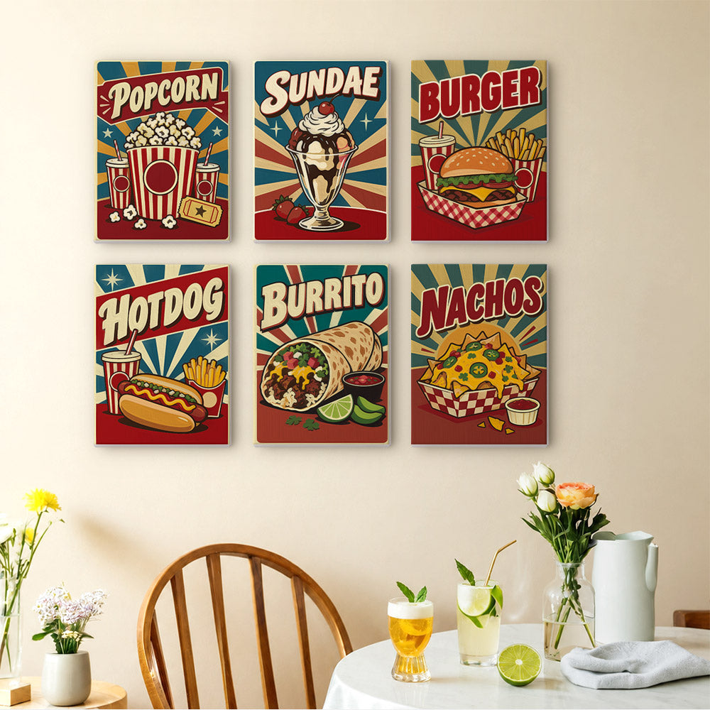Snack Bar Classics mini paintings displayed as a gallery wall in a sunny kitchen