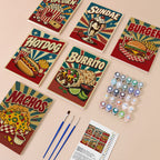 Snack Bar Classics mini paint by numbers kit with six numbered canvases, acrylic paints, brushes and layout