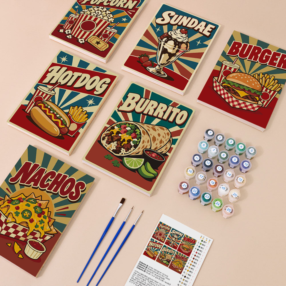 Snack Bar Classics mini paint by numbers kit with six numbered canvases, acrylic paints, brushes and layout
