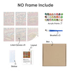 What's included without a frame: six rolled Snack Bar Classics mini canvases, acrylic paints, three brushes and layout