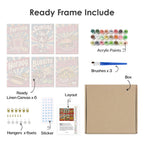 What's included pre-stretched on frame: six framed Snack Bar Classics mini canvases, paints, three brushes, hangers and layout