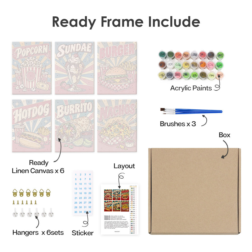 What's included pre-stretched on frame: six framed Snack Bar Classics mini canvases, paints, three brushes, hangers and layout